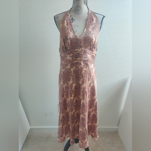 Ann Taylor LOFT 100% Silk semi-formal wedding guest pink halter maxi dress_10 - Picture 2 of 13